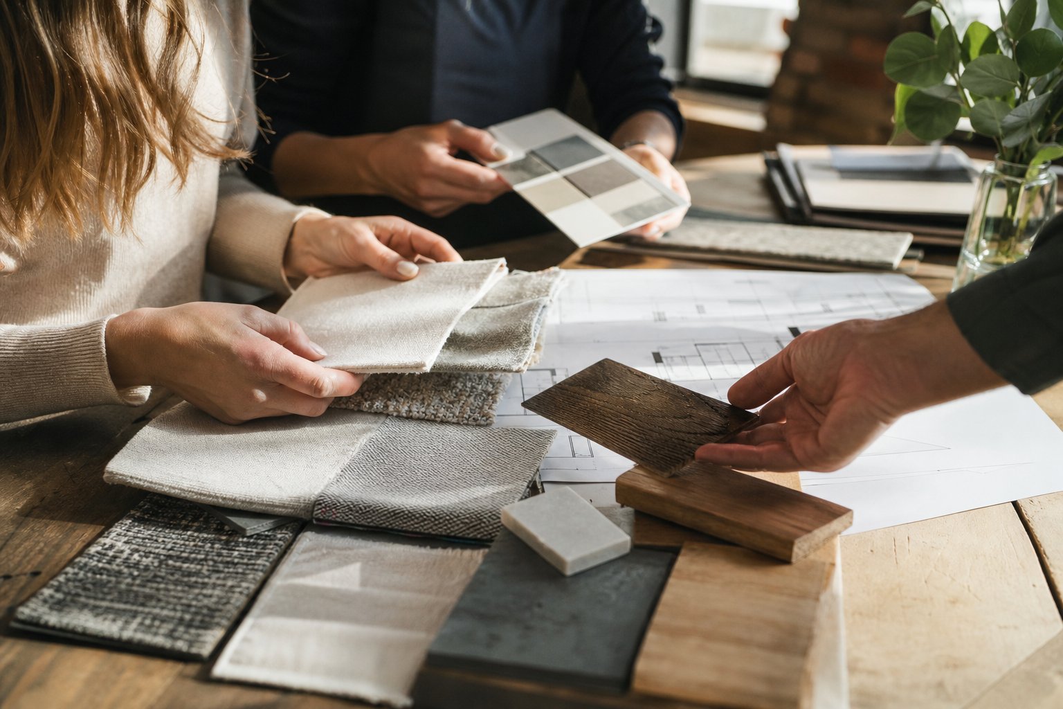 Designers reviewing fabric swatches, samples and plans together