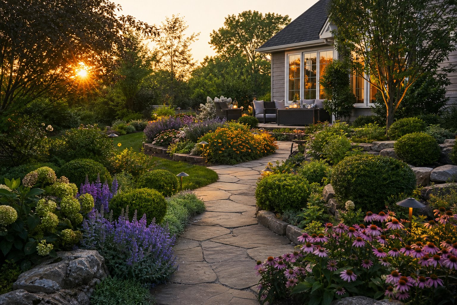 A landscaped backyard with a stone path, flower beds and seating