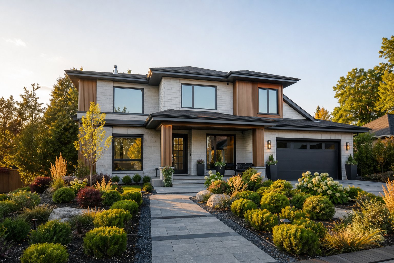 A bright, well-kept home with large windows and a landscaped front garden